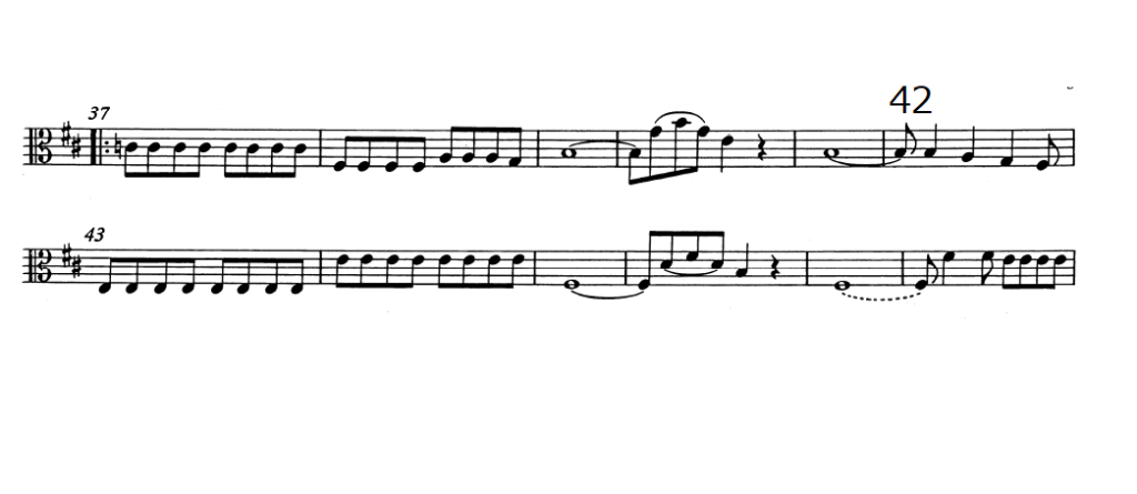 ディベルティメントk.136のヴィオラパートの楽譜。42小節目をピックアップ。