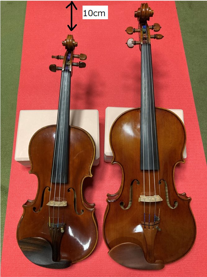 ヴァイオリンとヴィオラの大きさの違い。ヴァイオリンが60cmぐらい、ヴィオラが70cmぐらい。ヴィオラの方が10cmぐらい大きい。