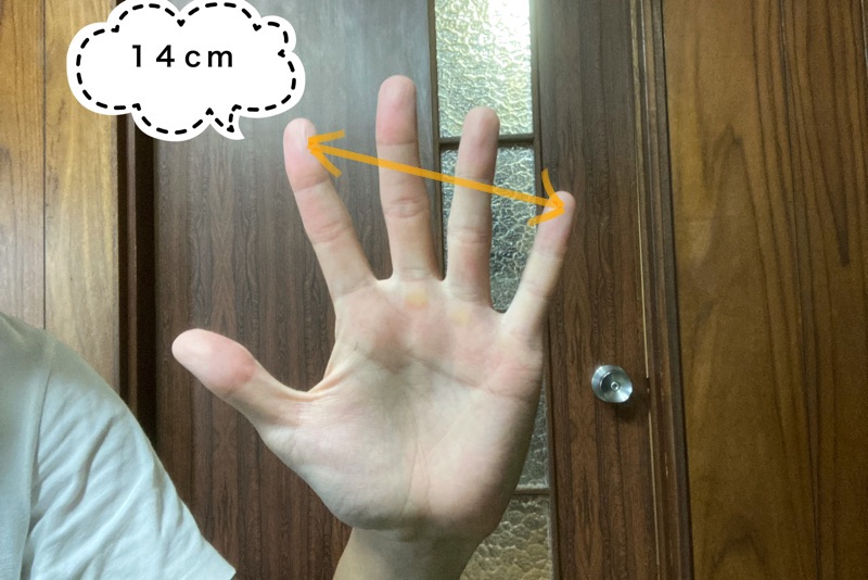 手をパーって広げたとき人差し指と小指の距離は14cm